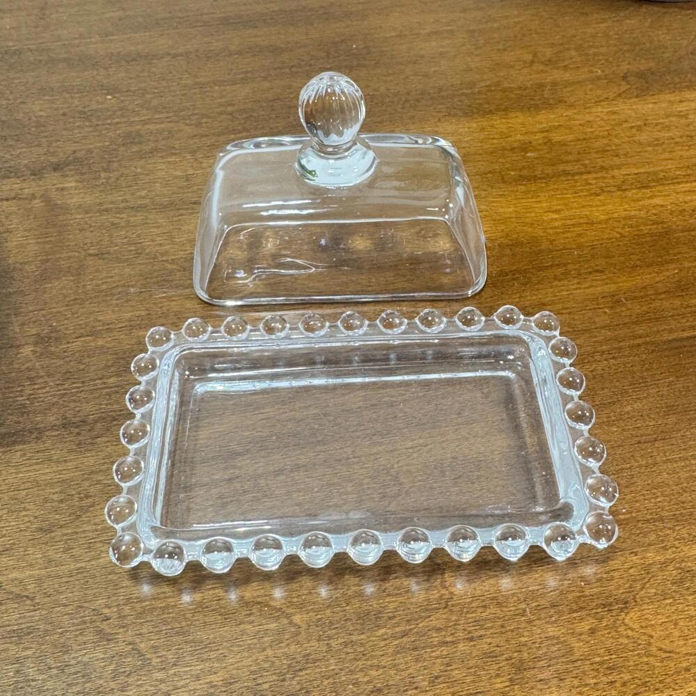 Clear Glass Mini Lidded Butter Dish or Pate Plate Beaded Rim 4" Cover Lid - Picture 3 of 6